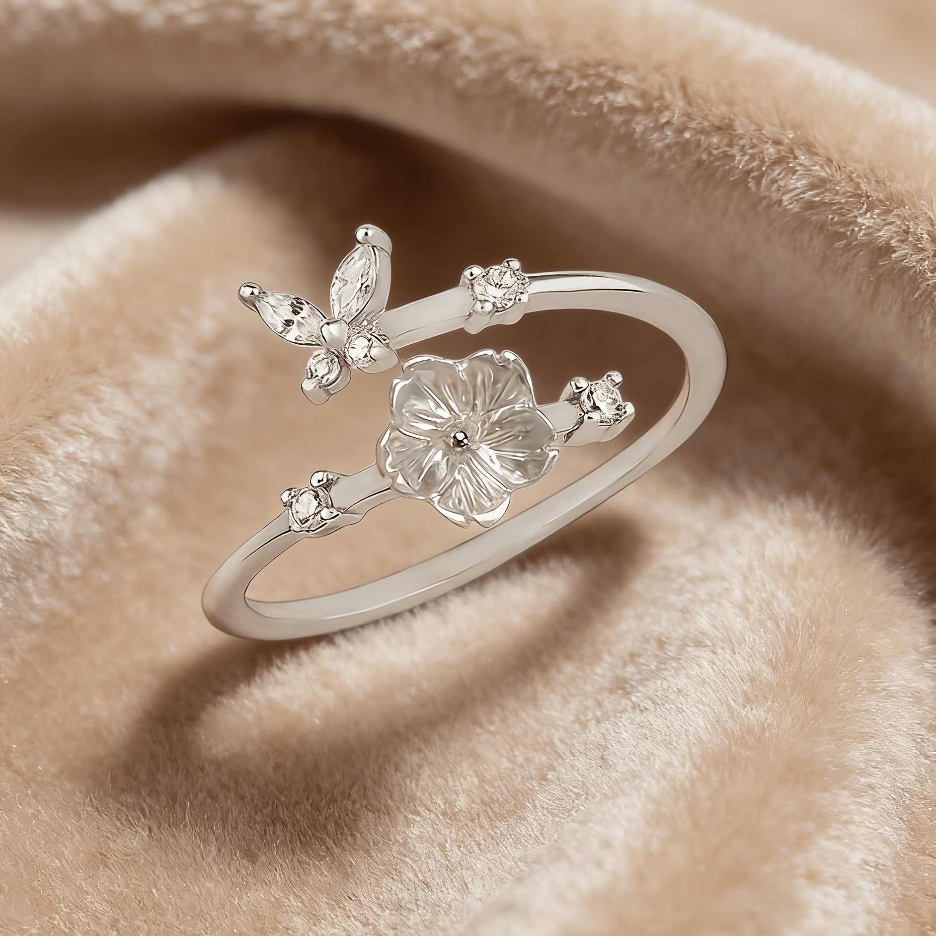 French-Style Seashell Flower Butterfly Open Ring